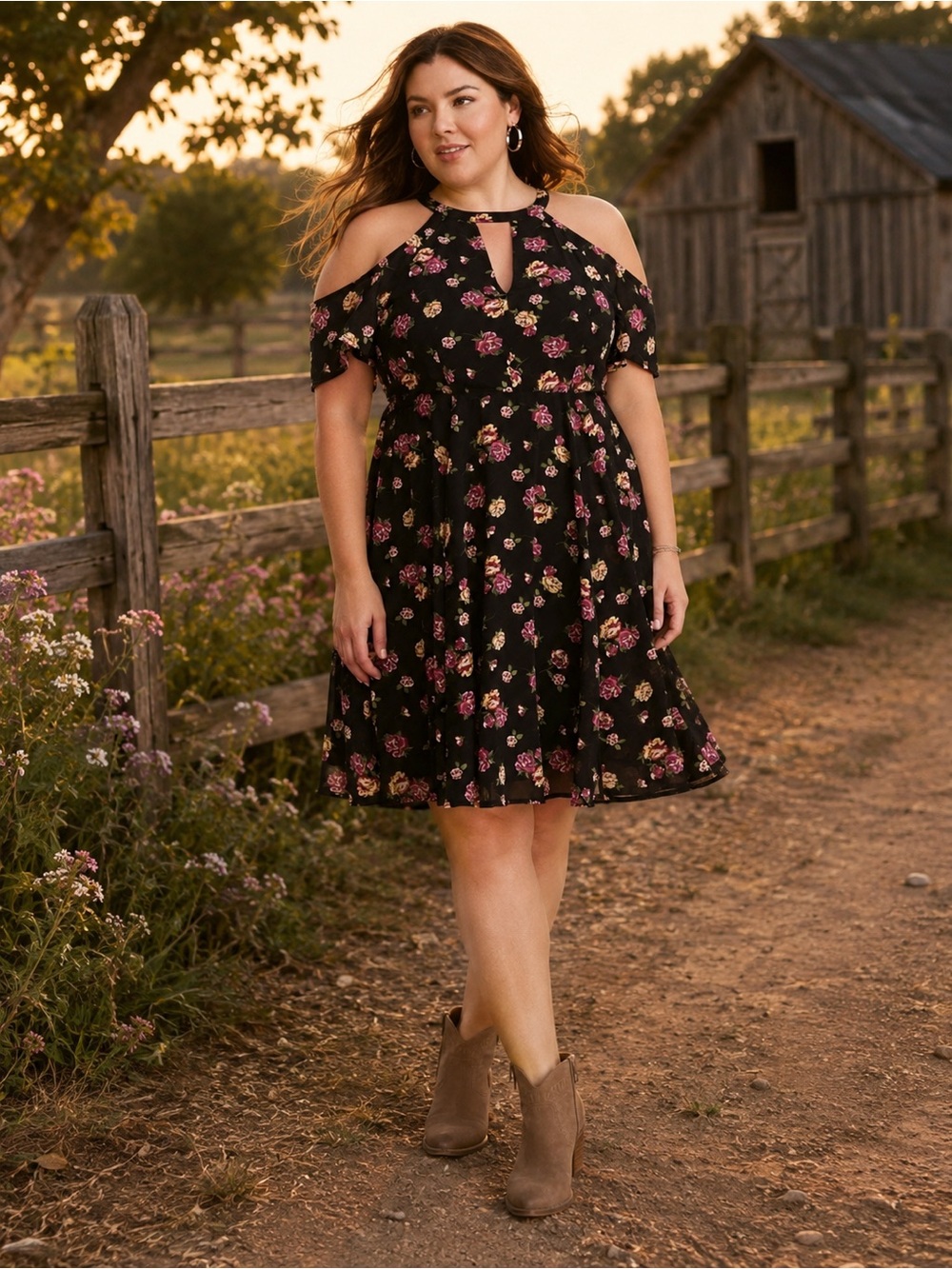Torrid Floral Cold Shoulder Fit Flare Dress Size 16 Black Pink Cottagecore